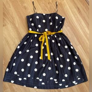 Jessica Howard fit flare mini dress navy blue polka dots yellow tie 14 retro